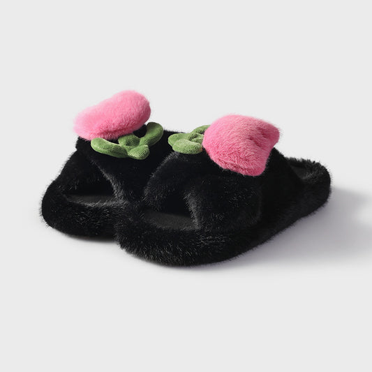 Winter tulip flowers fashion fluffy outside wear non-slip and fleece slippers