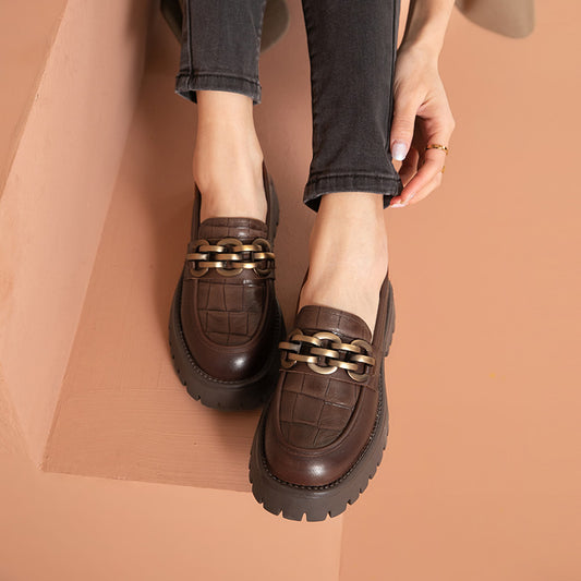 Handmade Genuine Cow Leather Chunky Loafers Platform Ladies Flats